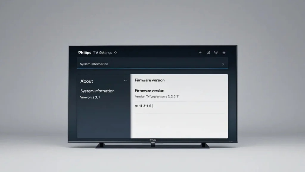 Philips TV settings menu with firmware version highlighted.