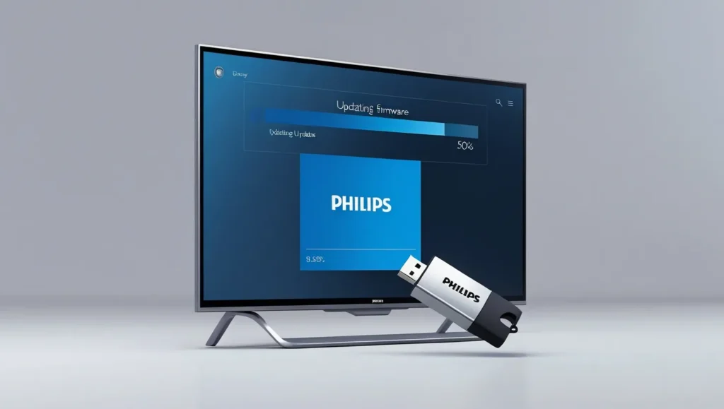 USB drive inserted into Philips TV for firmware update.