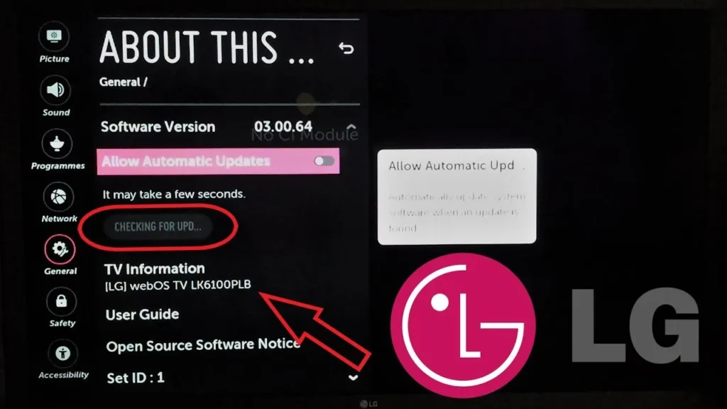 LG TV settings screen displaying WebOS version.