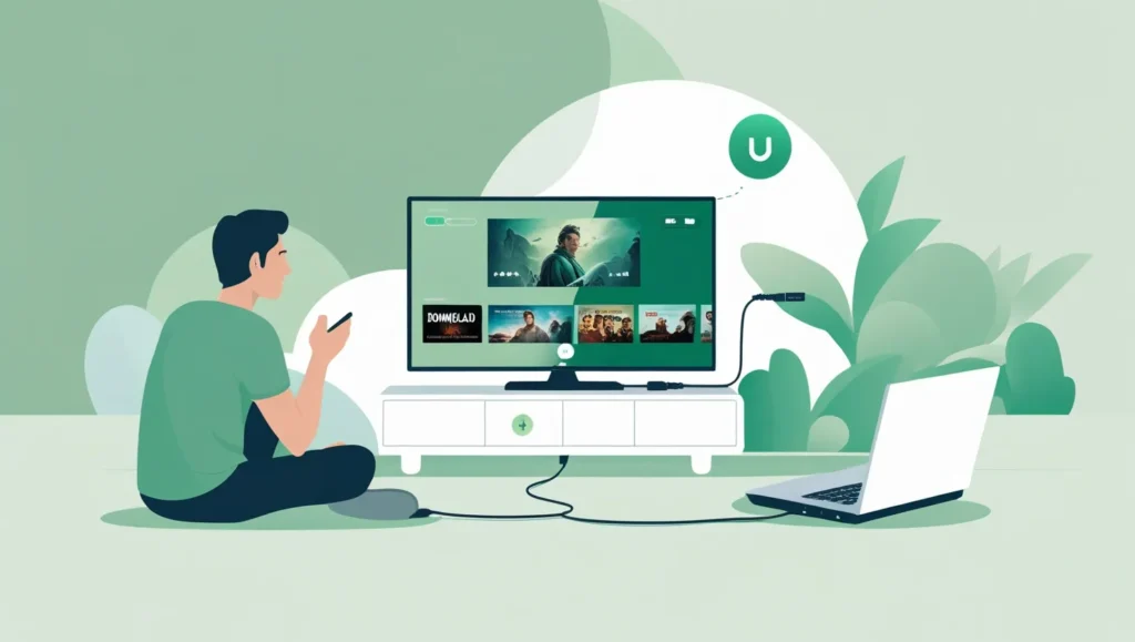 Person connecting laptop to smart TV to watch downloaded movies.