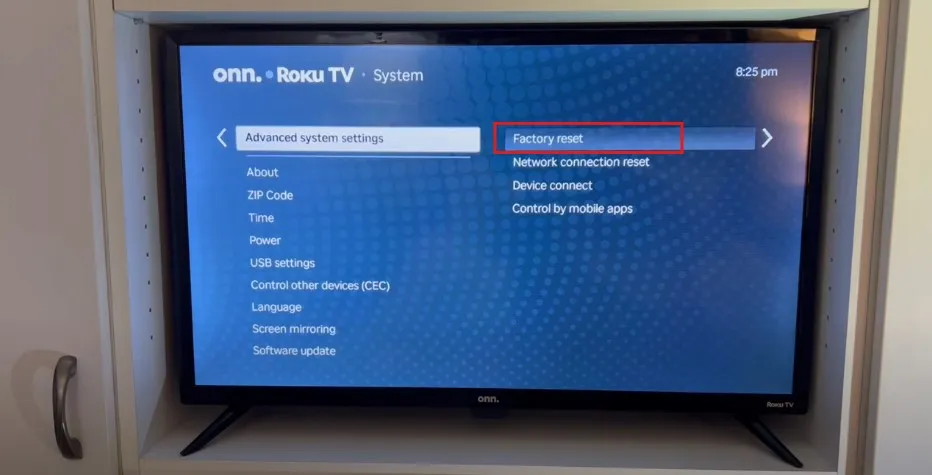 Roku TV settings menu with Factory Reset highlighted.