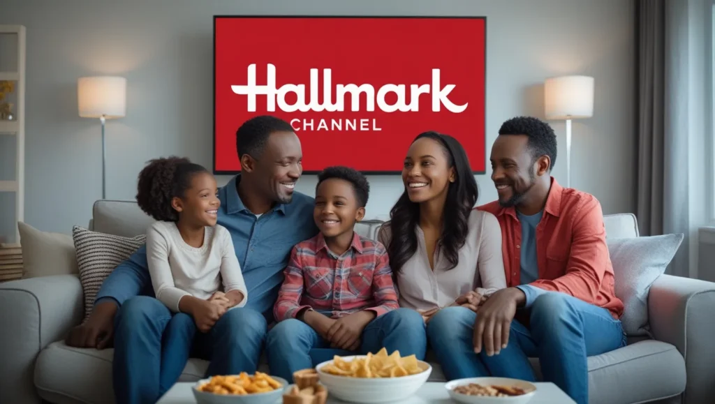 Family watching Hallmark Channel on TV
