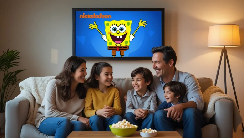 Family watching Nickelodeon on TV