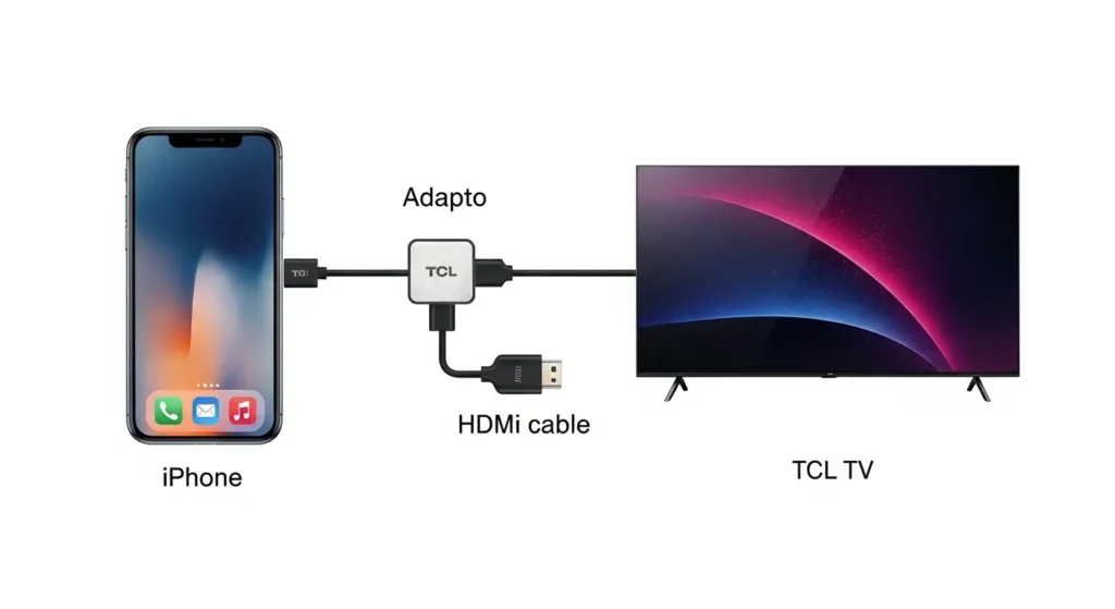 Diagram of iPhone, HDMI adapter, and TCL TV connection.