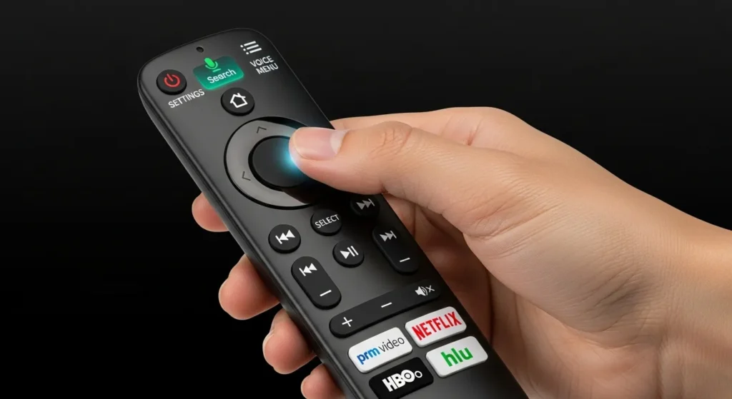 Hand pressing Home button on Toshiba Fire TV remote